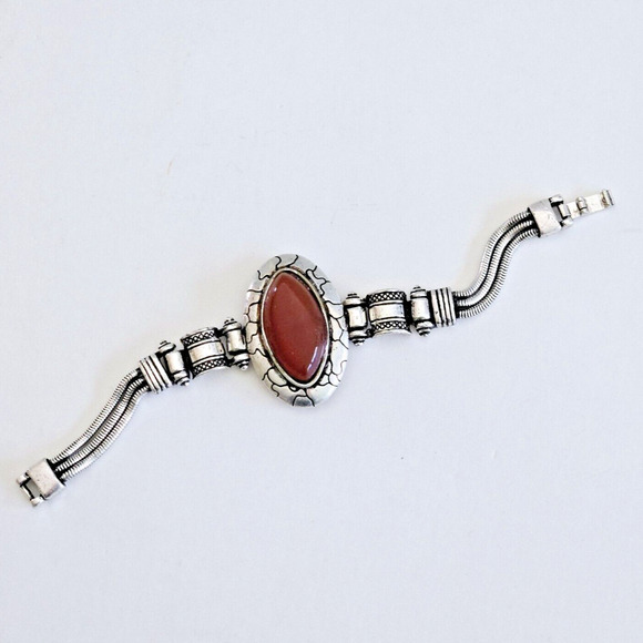 Statement Bracelet Chunky Southwestern Style Brown Silvertone Aztec Tribal Boho - Picture 4 of 9